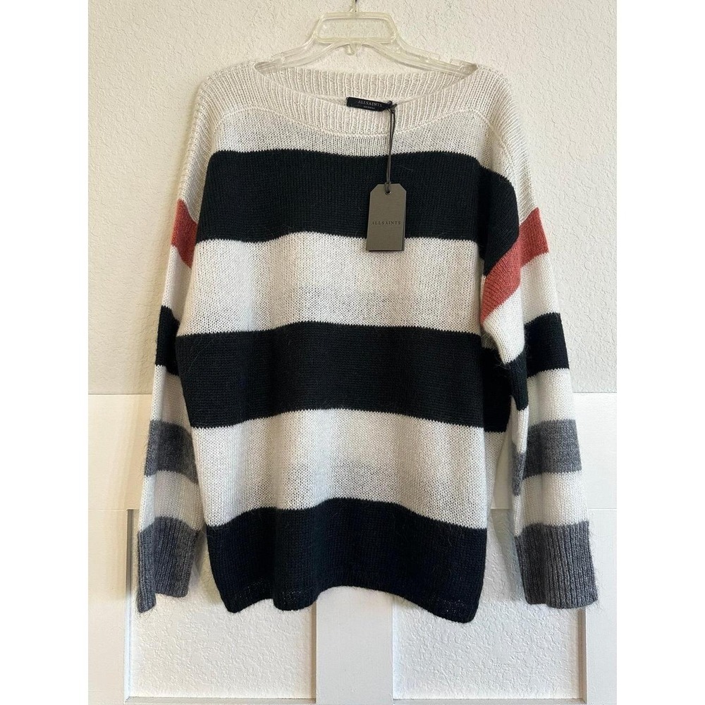 AllSaints Jumper Women's Fuzzy Knit Sweater Black white pink Striped Long Sleeve